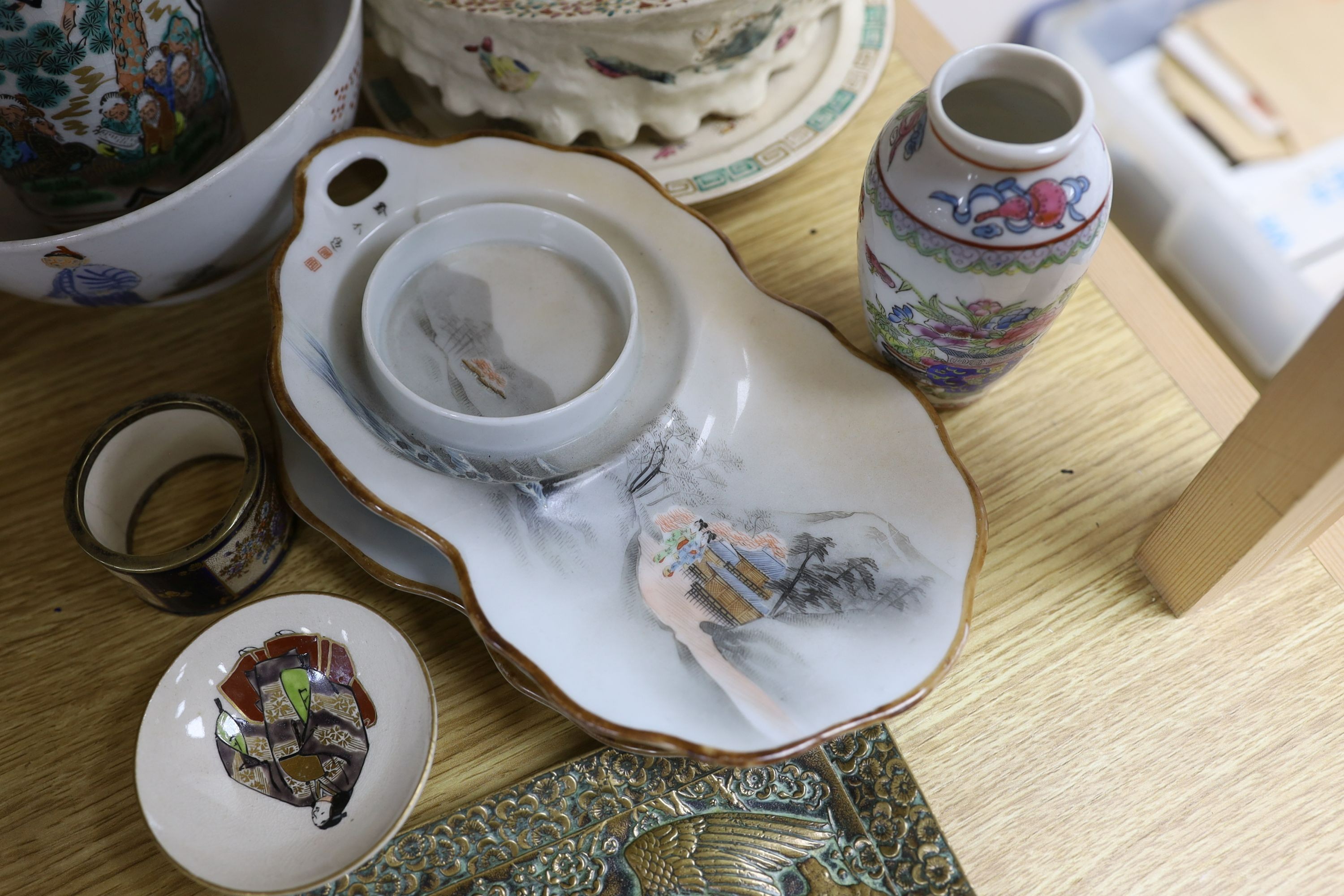 Assorted Japanese and Chinese items including a Japanese bronze square dish